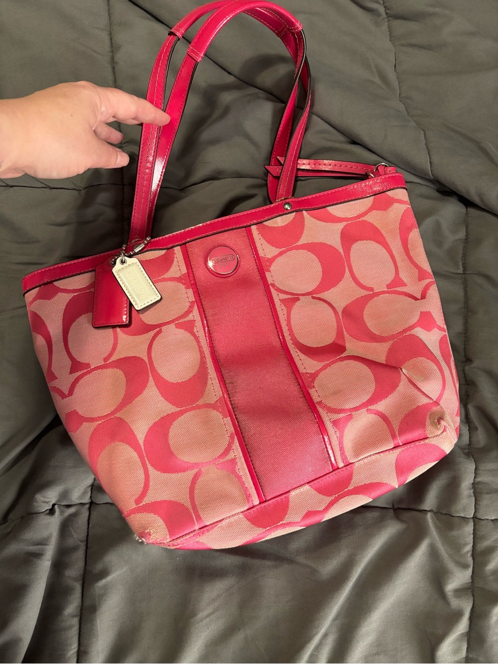 Coach Pink Signature Canvas Tote with Leather Trim F21950